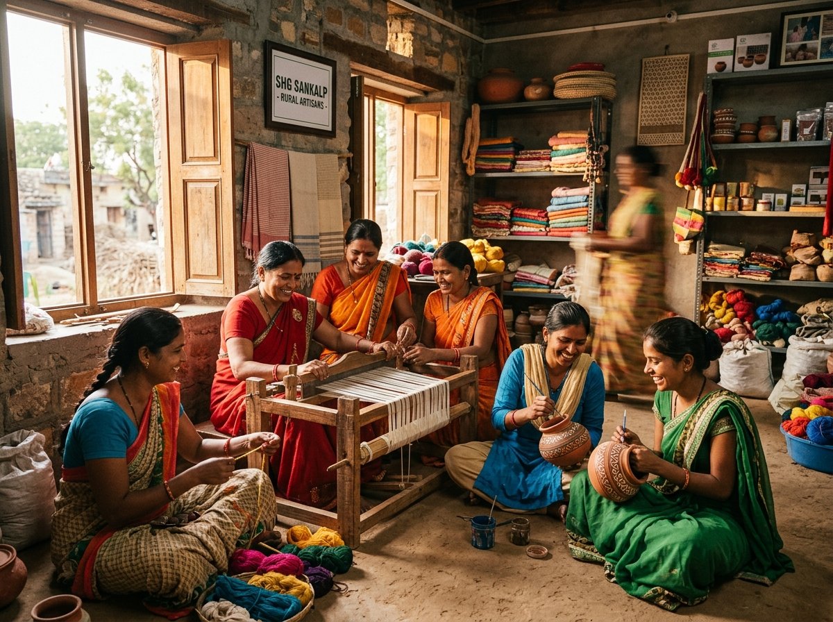 Women artisans collaborating on handcrafted products in a Self Help Group workshop