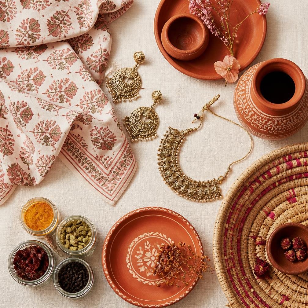 Flatlay of block-printed fabric, brass jewellery, terracotta pottery and spices