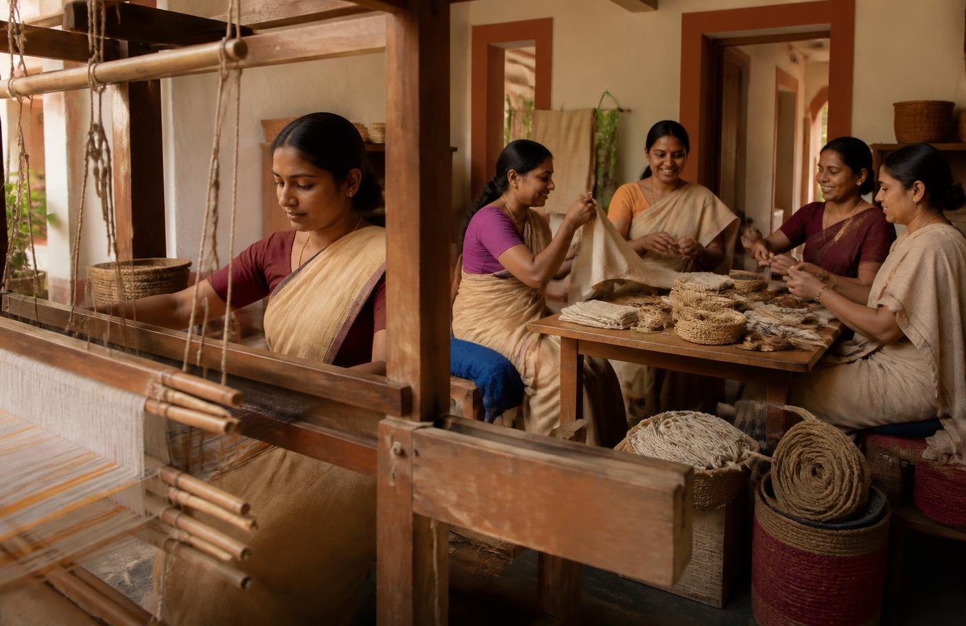 Members of a Self Help Group weaving together at a handloom