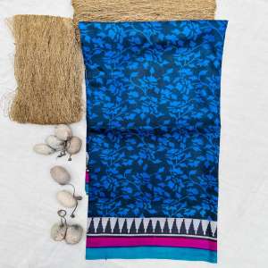 Pure Kosa Hand Printed Saree (Black and Blue) - shgeshop